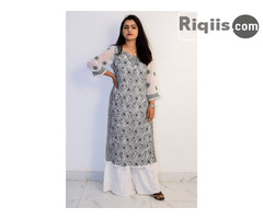 Buy Hand Embroidered Lucknowi Chikan White and Black Georgette Kurti